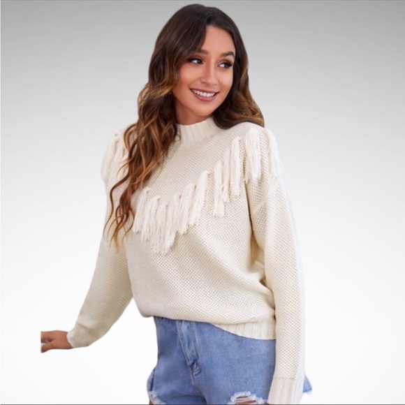 SHEIN Sweaters - NWOT Shein Sweater Cream Mockneck with Fringe